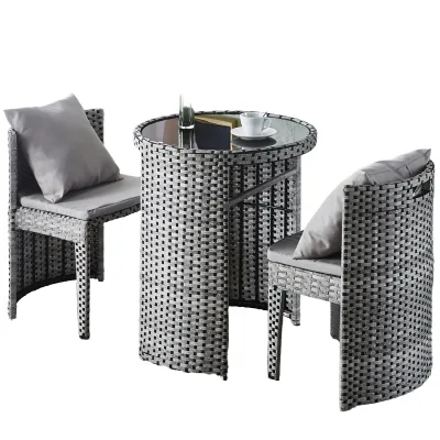Space-Saving Modern Patio Bistro Set with Steel/PE Wicker Table and Aluminum Frame Cushioned Chair Outdoor Garden Furniture