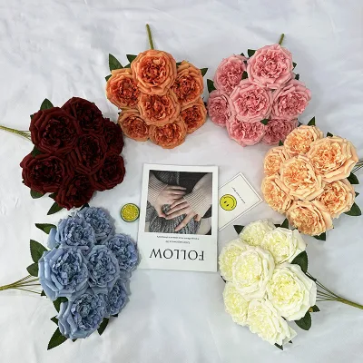Valentines Day Gift 2025 for Couples Ramadan Decorations Living Room Decoration Set 7 Head Artificial Austin Rose Flower Bouquet