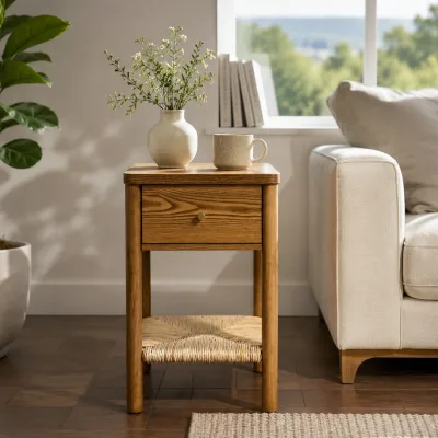 Walnut Anisley Nightstand Side End Table With Rounded Edge Tabletop,Solid Wood Round Legs,Woven Jute Storage Shelf & Drawer.