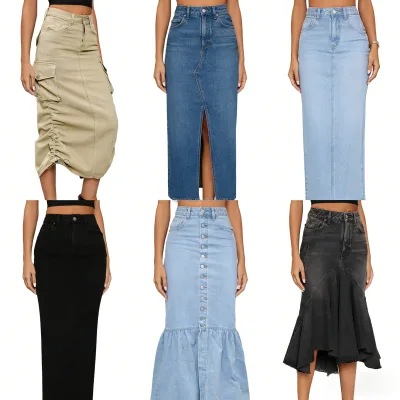 Beige Tone Ruched Cargo Pocket Detail Dark Denim High-Slit Leg Movement Design Light Wash Minimalist Solid Summer