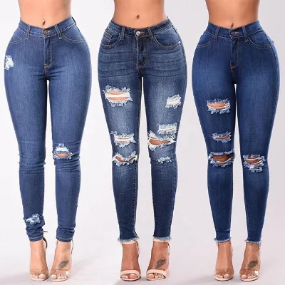 New Women Vintage Ripped Stretch Skinny Jeans, European American Slim Fit Denim Trousers