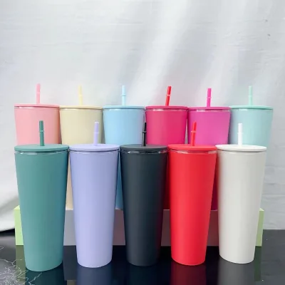 New Trendy 16oz 24oz Acrylic Tumbler Double Walled Candy Color Unbreakable Plastic Pastel Matte Tumbler Cup with Lid and Straw
