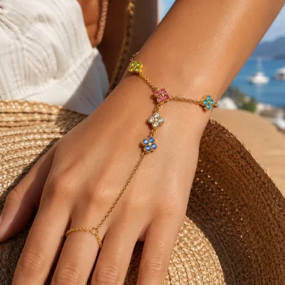 Fashion Women's Colorful diamond Fine Chain Y-shaped Bracelet Finger Ring Gold Stainless Steel Hand Chain Factory Wholesale