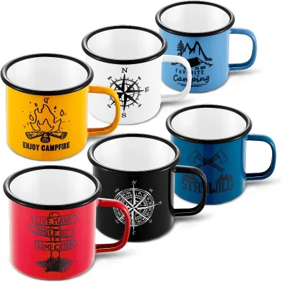 Custom Logo 12 16 oz Reusable Metal Steel Rim Tin Campfire Coffee Cup Sublimation Blank 240ml  Enamel Camping Mug With Handle