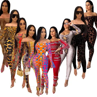 Autumn Casual 2-Piece Set for Women New Fashion Quick Dry Sexy Strapless Romper Breathable One-Piece Jumpsuit Printed Knit