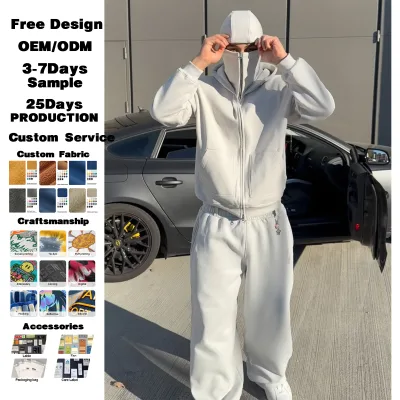 Custom Double Full Zip Balaclava Tracksuit Winter Windproof Oversized Boxy Fit 450GSM Fleece Terry Hoodie Set Streetwear for Men