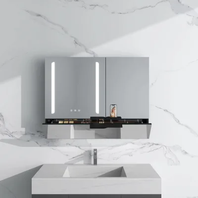 Large Capacity LED Bathroom Mirror Cabinet Two Doors Double Sided Mirror Door Built in Magnifying Makeup Mirror and Power Socket