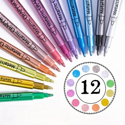 Metallic Colors Dual Tips Acrylic Marker Pen Brush and Fine Tips 12 Metal Colors