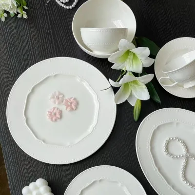 French-style Pearl-Point Relief Porcelain Dinner Plate Pure White Steak Pasta Dessert Tableware for Hotels