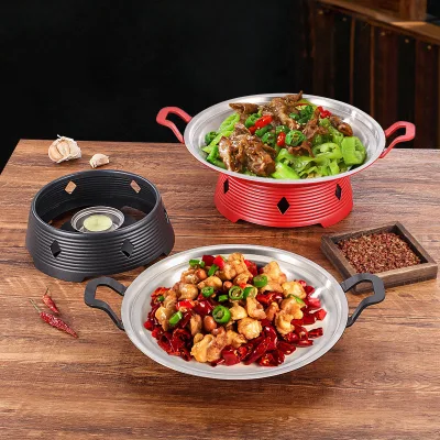 Two Tone Color Matching Alcohol Stove Heated Non-stick Stainless Steel Chafing Dish for Restaurant Hot Pot and Dry Pot Serving