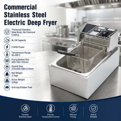 6L Electric Deep Fryer Stainless Steel 2.5KW Kitchen Deep Fryer Adjustable 50~200℃ Single Cylinder Single Basket Electric Fryer