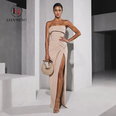 LM D376 Nude Strapless Mermaid Party Satin Evening Gown Folded Tube Top Waist Draped Pleats High Thigh Slit Floor Length Dress