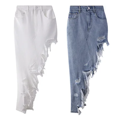 Women's Asymmetrical Denim Skirt with Long and Short Destruction Street Casual Style for Summer Ladies' Prendas De Vestir