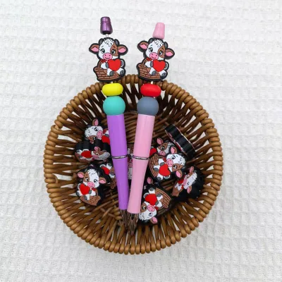 Popular Rubber Focal Beads for Pens Making Accessories Wholesale Rainbow Balloon Flower Phrase Focal Beads for Valentines Day