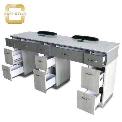 Customized Nail Station Package of Marble Top Beauty Salon Furniture & Equipment for Double Table Vent Silver Manufacture