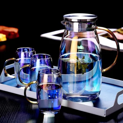 Hot Sale Colorful Glass Jug Water Cup Set Dishwasher Safe Elegant Glass Water Pitcher Set