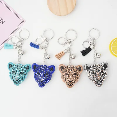 Fashion Crystal Leopard Paracord Head Key Ring Purse Bag Charm Rhinestone Cheetah Tassels Keychain Car Bag Pendant Decoration