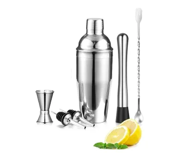 Cocktail Shaker Set ,Bartender Kit 24 oz Stainless Steel Martini Mixer Muddler Mixing Spoon Jigger 2 Liquor Pourers