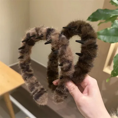 Retro Winter Headband Plush Leopard Print Headbands Elastic Hair Bands With Teeth