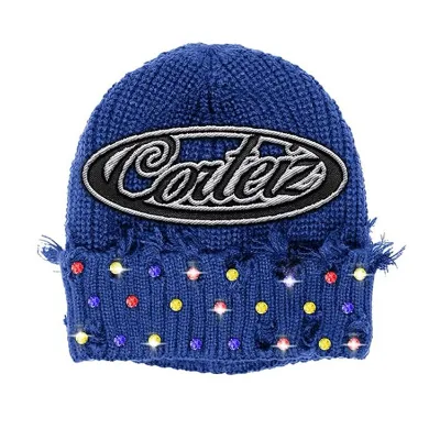 Customized Winter Keep Warm Embroidered logo Graphic Rhinestone Distressed Hem Thick Knit Beanies