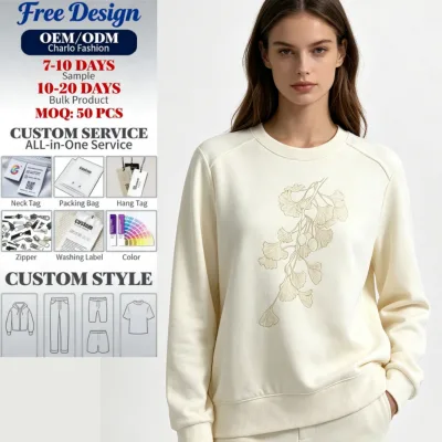 OEM Women 100% Cotton for Crew Neck Sweatshirt Regular Sleeve Heavy Fleece Casual Loose Fit Lady Pullover Custom Logo XS