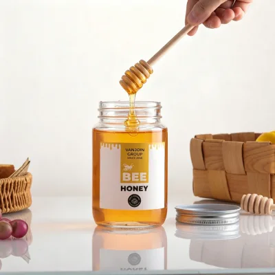 500ml Clear Glass Honey Jar Silver Metal Screw Lid Food Storage Bottle for Honey Jam Bee Honey Custom Sticker Available
