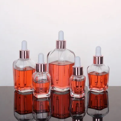 High-end Square Clear Glass Dropper Bottles 30ml 50ml 100ml Rose Gold Cap Essential Oil Screen Printing