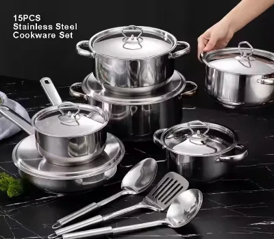 Wholesale Modern 15-Piece Multi-Purpose Stainless Steel Cookware Set with Oven & Dishwasher Safe Frying Pan and Cooking Utensils