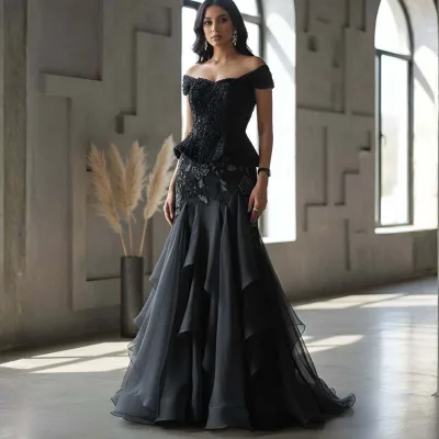 Customized Exquisite Formal Evening Dresses Sleeveless Sequined Beading Lace Appliques Long Prom Gown Ruffles Organza Dress
