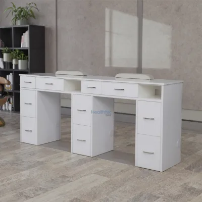 Modern Salon Manicure Table Marble Countertop Double Seat with Storage Manicure Table