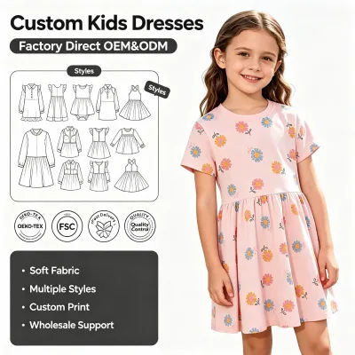 Custom Cute Multi Daisy Allover Print Kids Girls Swing Dress Round Neck Short Sleeve Gathered Waist A-line Children Outfit