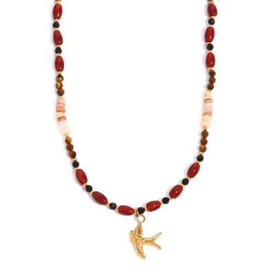 Custom 18K Gold Plated Stainless Steel Necklace Trendy Tiger Eye Crystal Pearl Swallow Bird Pendant Beads for Engagement-Jewelry