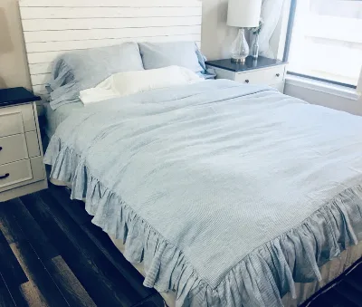 Oeko-Tex Certification Blue and White Ticking Striped Duvet Cover with Mermaid Long Ruffles with Hidden Buttons Closure