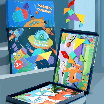 Magnetic Tangram Puzzle Book Set Portable Travel Pattern Blocks Educational Brain Teaser Toy for Kids 3+