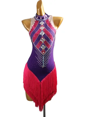 LQ523 Women High Neck Rhinestone Fringe Latin Dance Dress Color Block Salsa Tango Competition Ballroom Dance Costume