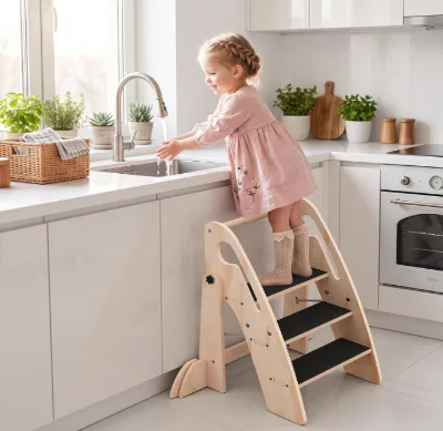 Hot Selling Wooden Foldable 3-Step Stool Potty Training Stool with Handles for Bathroom Sink, Kitchen, Bedroom