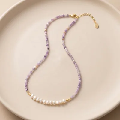 Healing Energy 14K Gold Plated 925 Silver Tiny Purple Mica Stone Freshwater Pearl Choker Hypoallergenic Women Wholesale Necklace
