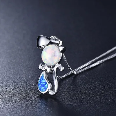 Lady's Trendy Silver Plated Cat Blue White Simulated Opal Pendant Necklace