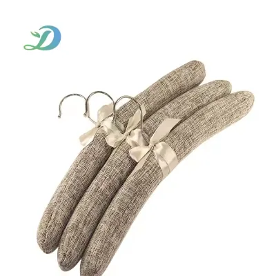 Linen Covered Padded Clothes Hanger With Satin Bow Anti Crease Garment Hanger for Hotel Guest Room Closet