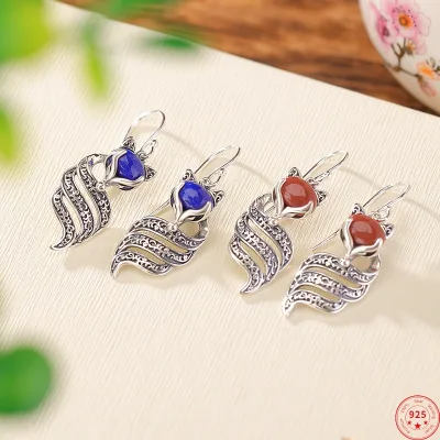 Wholesale Fine Dangle Earrings Original S925 Sterling Silver Drop Earrings Eternal Rattan Pattern Nine-tails-Fox Lapis Red Agate