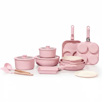 2026 Hot Sale pink Color 19 Pieces Nonstick Cookware Set with Detachable Handle