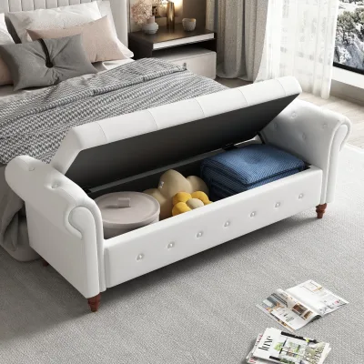 Large Capacity Flip Top Storage Bench White Padded Ottoman Rolled Arms Space Saving End of Bed Bench for Small Apartment Bedroom