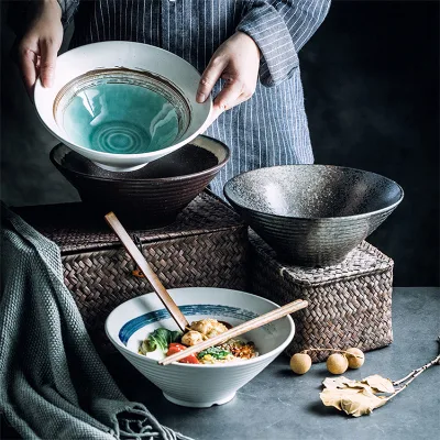 Teal Blue Hand Painted Ceramic Ramen Bowl Set Ribbed Tenmoku Charcoal Noodle Soup Bowl Kitchen Home Restaurant Style