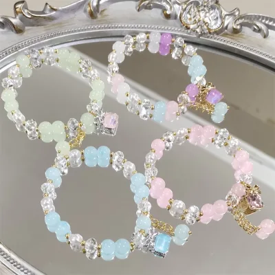 Fashion Candy Color Stone Bowknot Crystal Pendant Bracelet Jewelry Cute Beaded Bracelets for Women Girls