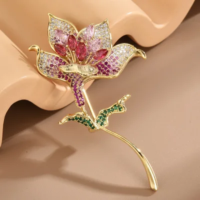 Romantic Lily Plant Pin Corsage Zircon-Embellished Flower Brooches for Wedding Office Party Casual Wear Fashion Accessory