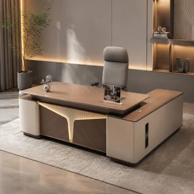 Commercial Grade Executive Desk L Wooden Office Table with Atmosphere Light for Modern Administrative Office Building