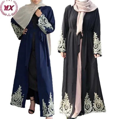 Luxurious Golden Embroidery Muslim Abaya Elegant and Fashionable Open-Front Long-Sleeved Strapless Cardigan in Polyester