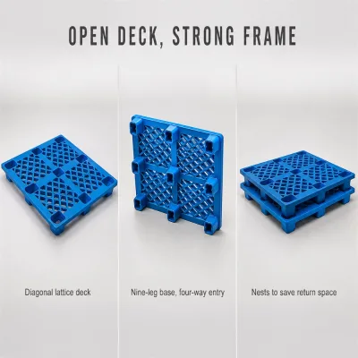 Ventilated Grid Plastic Pallet HDPE Single Faced Nine Leg Forklift Skid 4-Way Steel Reinforced Logistics Storage Tray Bulk