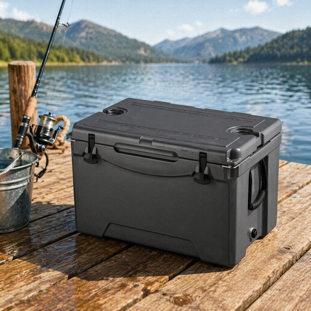 Black 75QT Roto Molded Cooler Box Hard Insulated Thermal Reusable Ice Cold Box With Basket for Sea Fishing Camping Boating