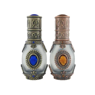 Antique Bronze & Copper Filigree Colored Rhinestone Empty Glass Perfume Bottle Refillable Arab Oud Oil Vial Dubai Decor